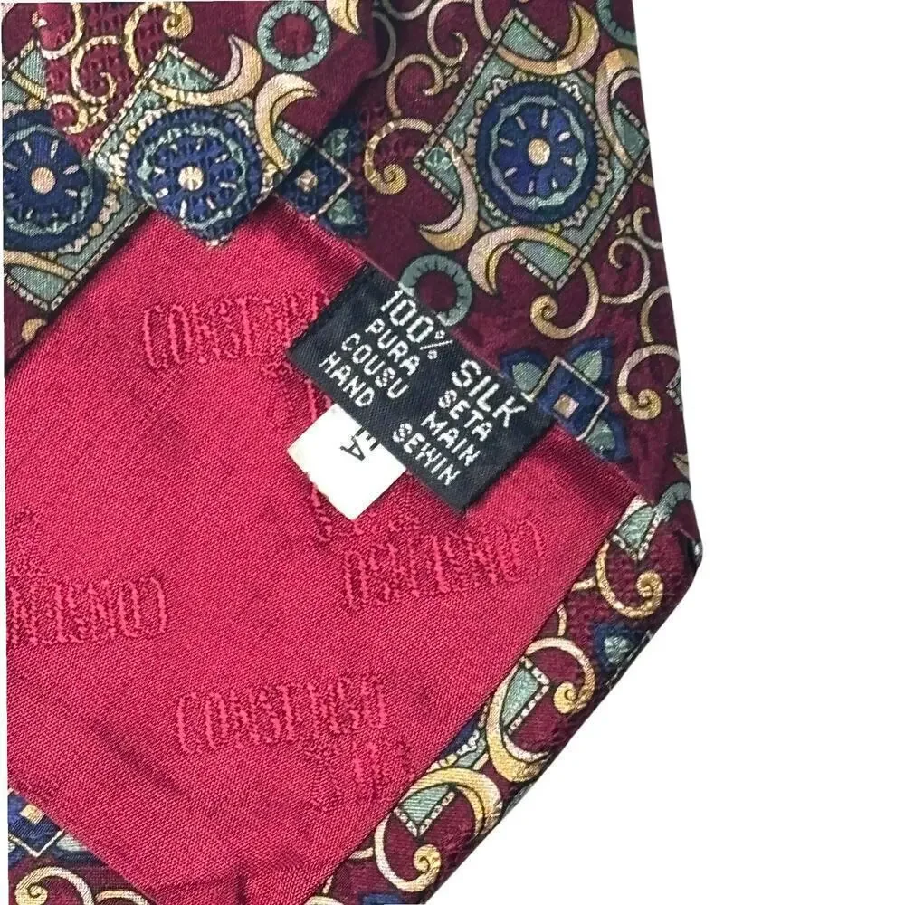 Consenso Uomo Hand Sewn Silk Tie Maroon Blue Green Cream Print